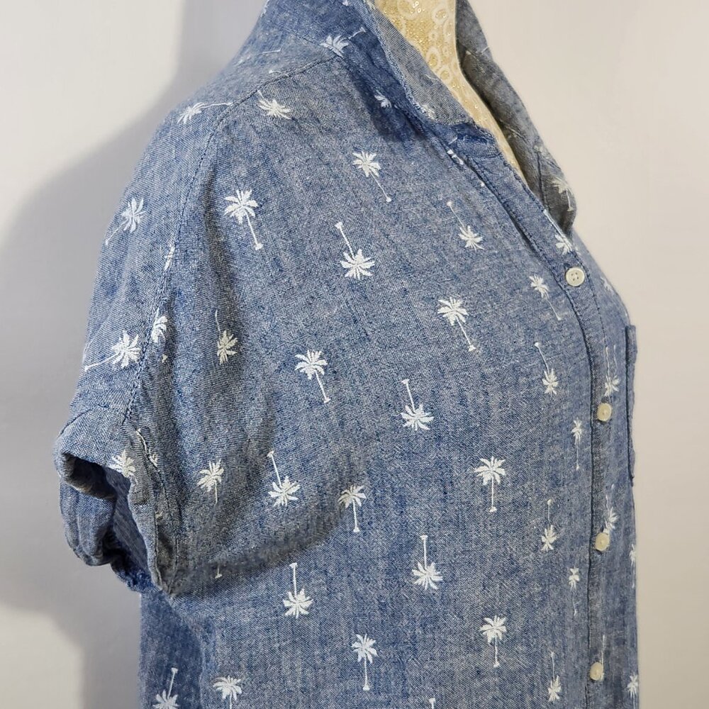 Old Navy Women's Large Denim Linen Blend Palm Tree Button-Down Tie-Front Shirt - Picture 7 of 16